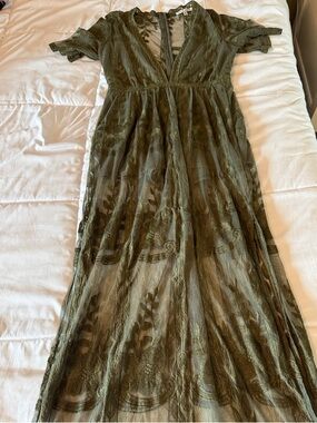 Haute Monde Olive Green Lace Maxi Dress with V-Neck